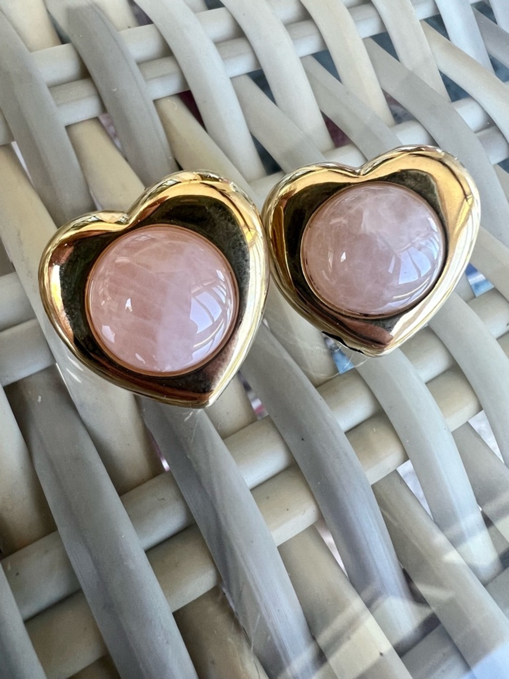 NEW Mayamar 24 Karat Gold Dipped Heart Earrings with real Pink Quartz Stone